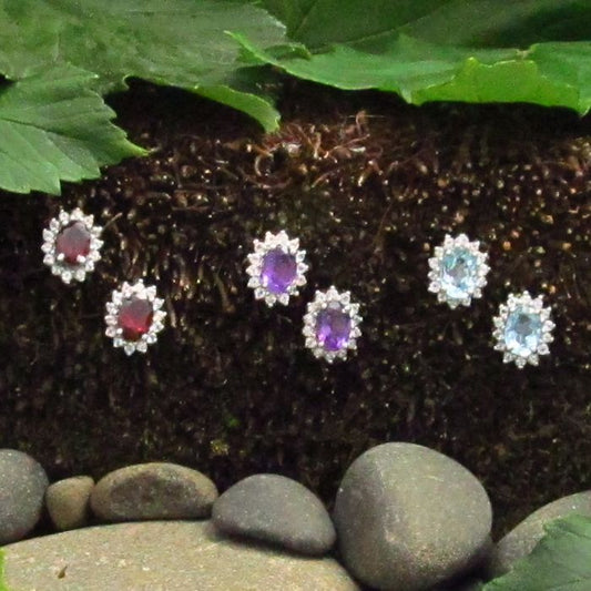 Oval Cluster Style Gemstone Earrings - Garnet, Amethyst or Blue Topaz
