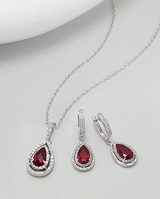 Red & White CZ Double Pear Shape Pendant & Earrings Set