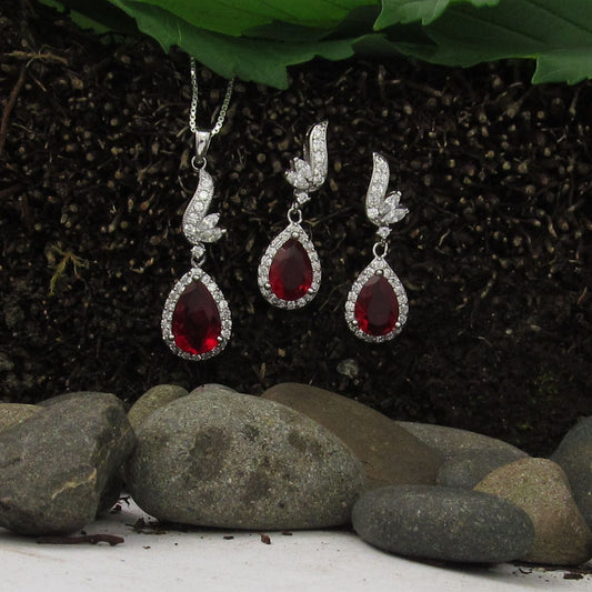 Red & White CZ Pear Shaped Pendant & Earrings Set